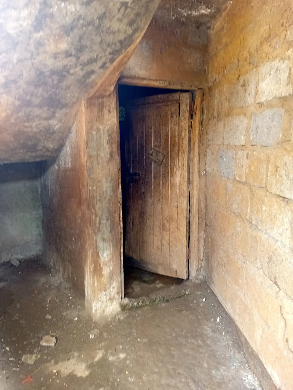 Narrow basement corridor with weathered brick walls and wooden door
