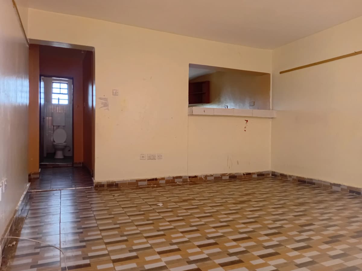 Open-plan living area with kitchen pass-through and geometric tile flooring