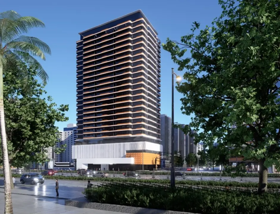 Tall modern high-rise tower with wood-panel facade rendering