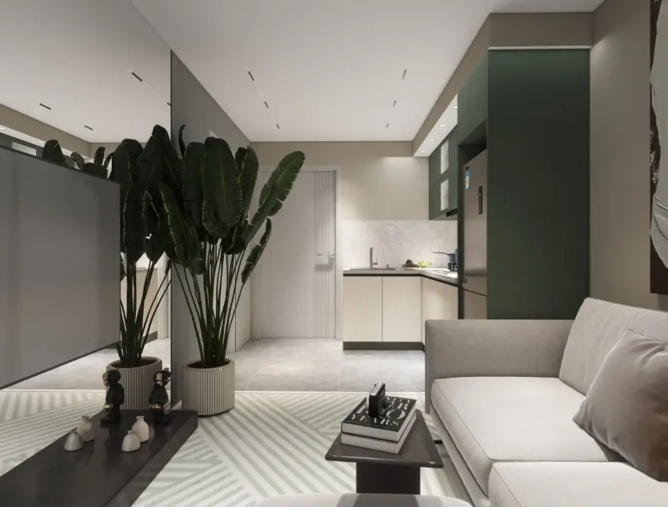 Modern open-plan living room with kitchen visible behind