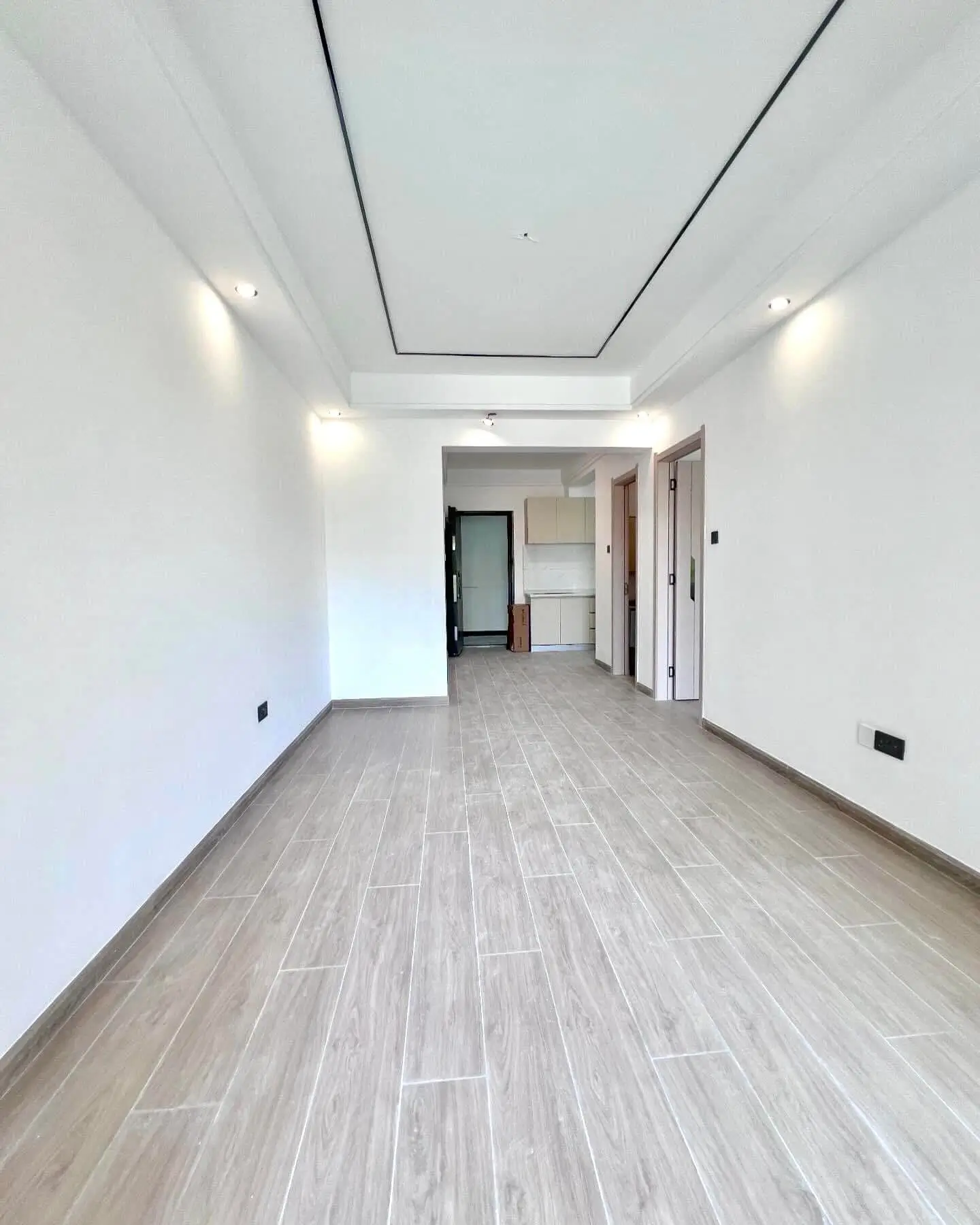 Modern corridor with wood-effect flooring and recessed lighting