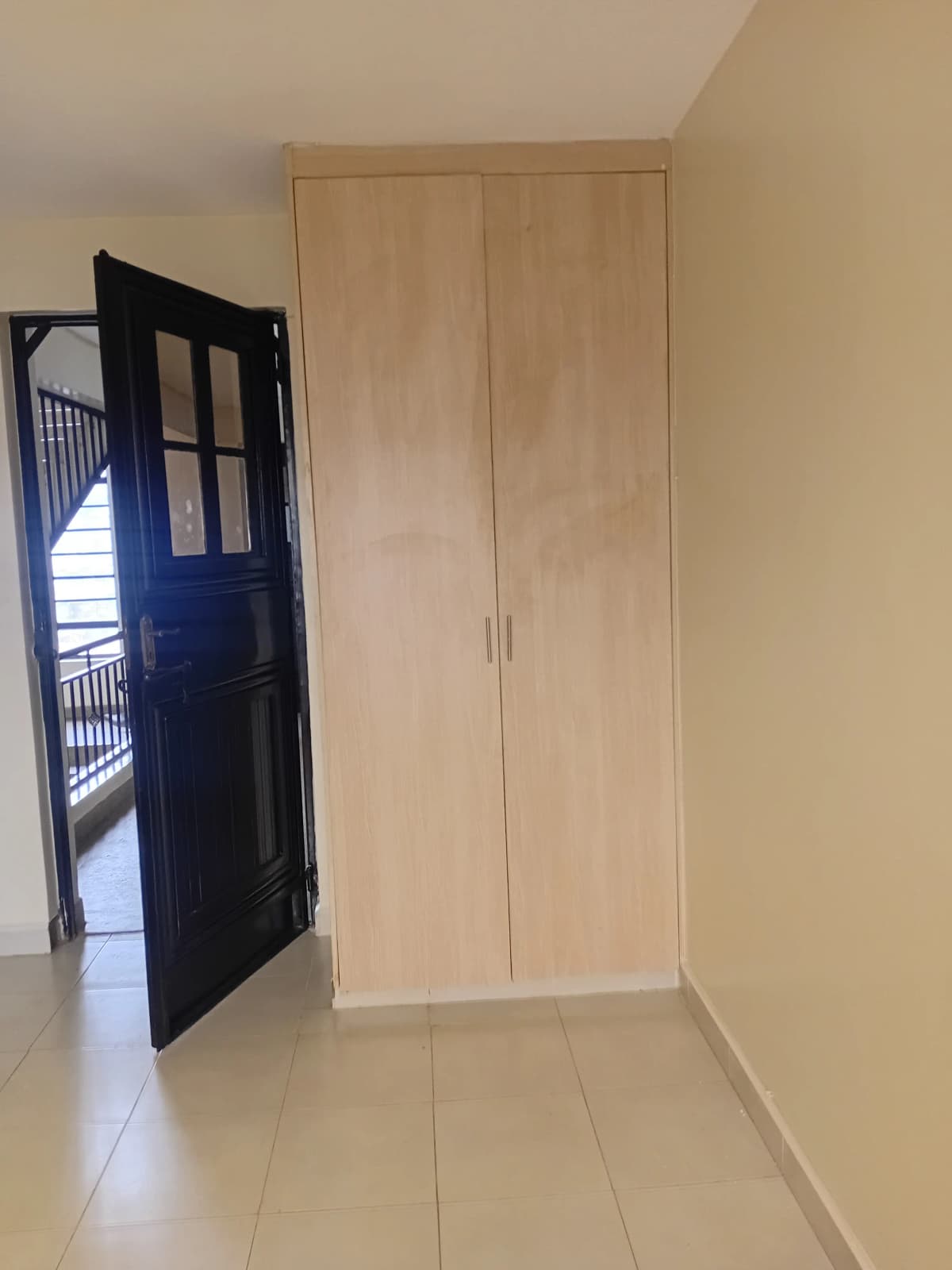 Minimalist bedroom with built-in wardrobe and blue door entrance