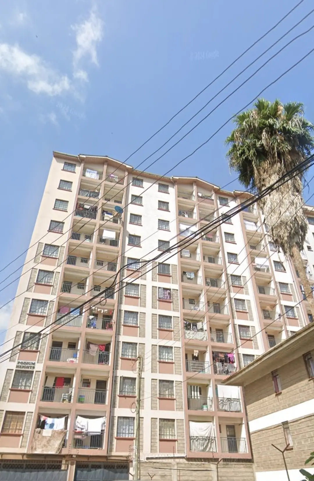 Multi-story residential building facade with balconies and palm tree