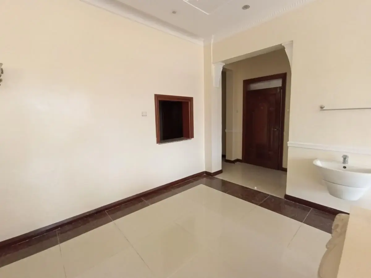 Empty bathroom with white sink fixture and dark wooden door