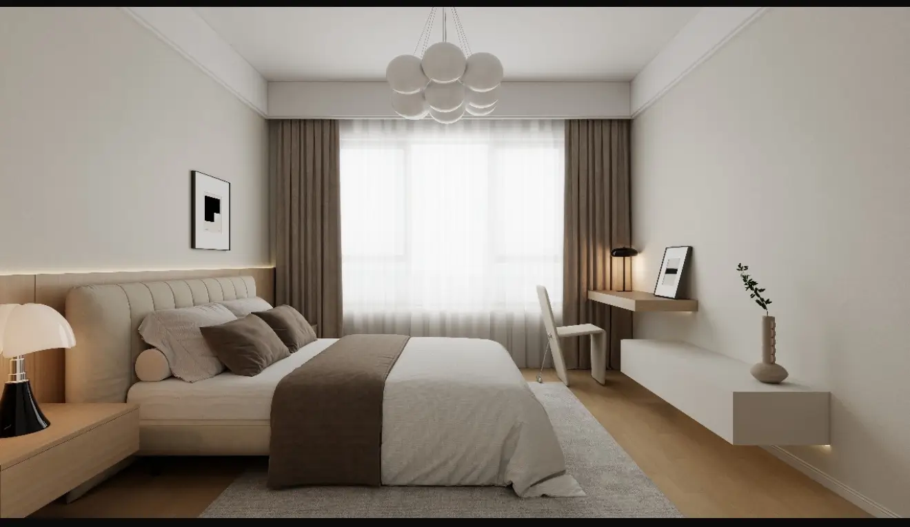 Minimalist master bedroom with tufted headboard and desk