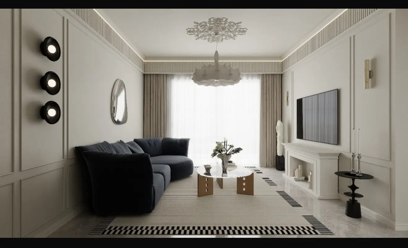 Elegant living room with navy sofa and ornate chandelier