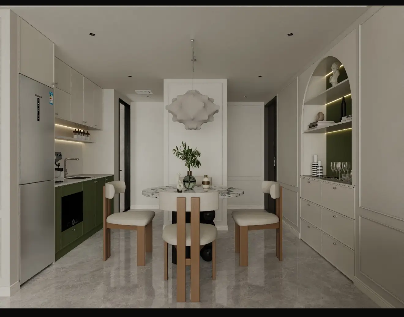 Elegant round marble dining table with arched display shelving