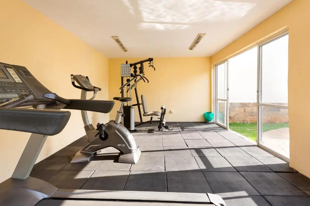 Bright gym with treadmill, exercise bike, and large windows