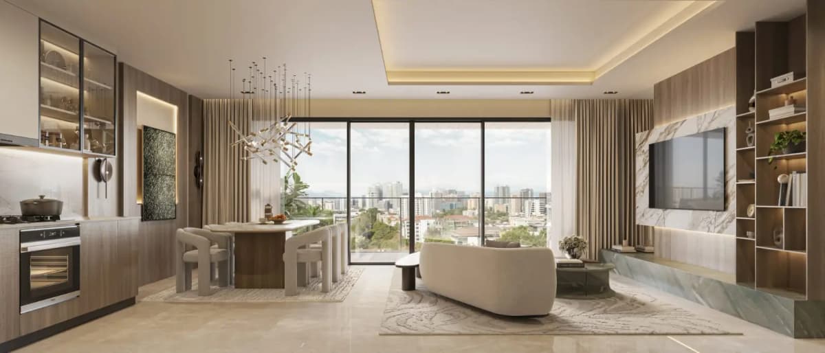 Luxury open-plan living, dining and kitchen with city views