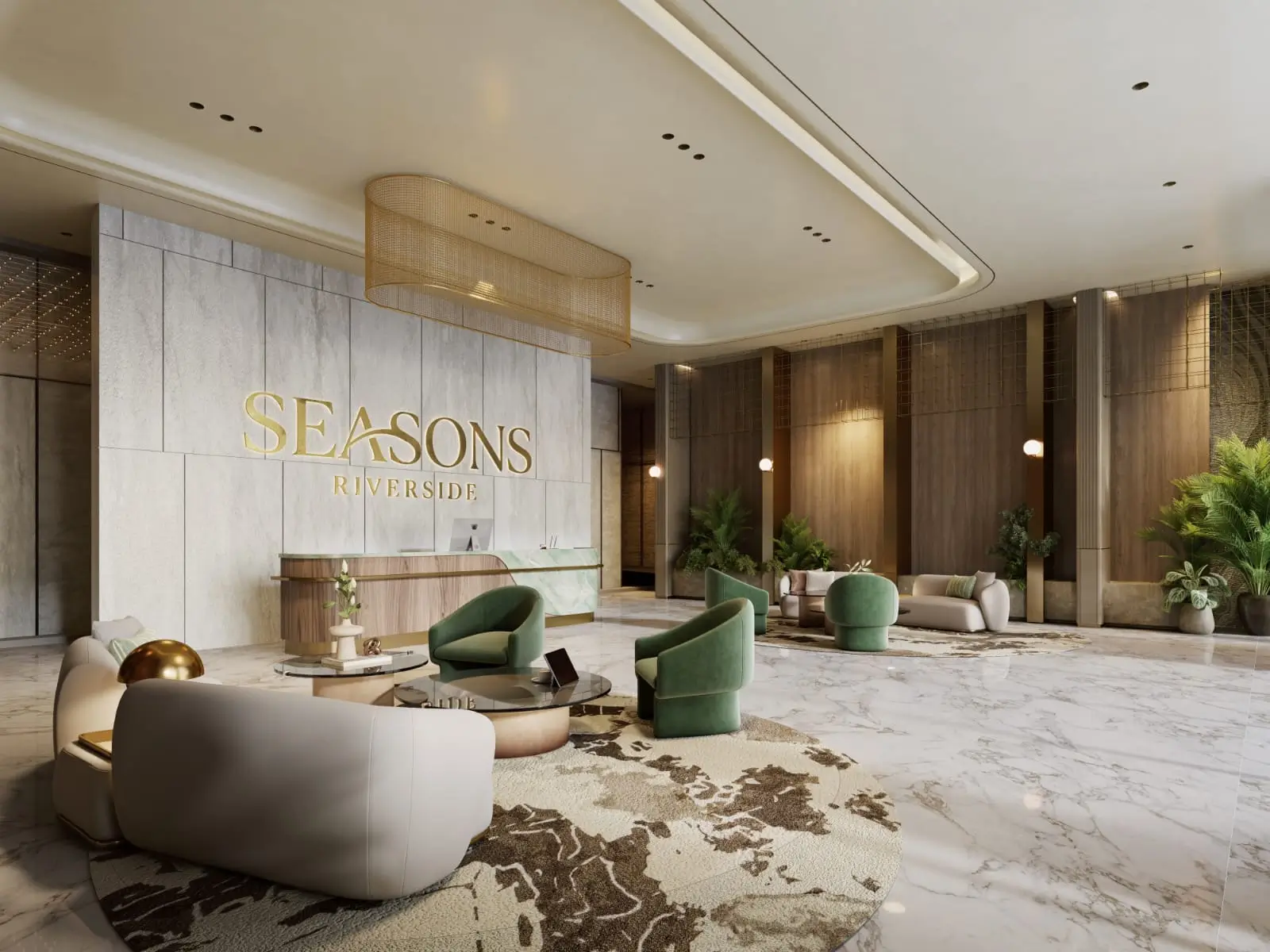 Luxury marble lobby with Seasons Riverside reception desk