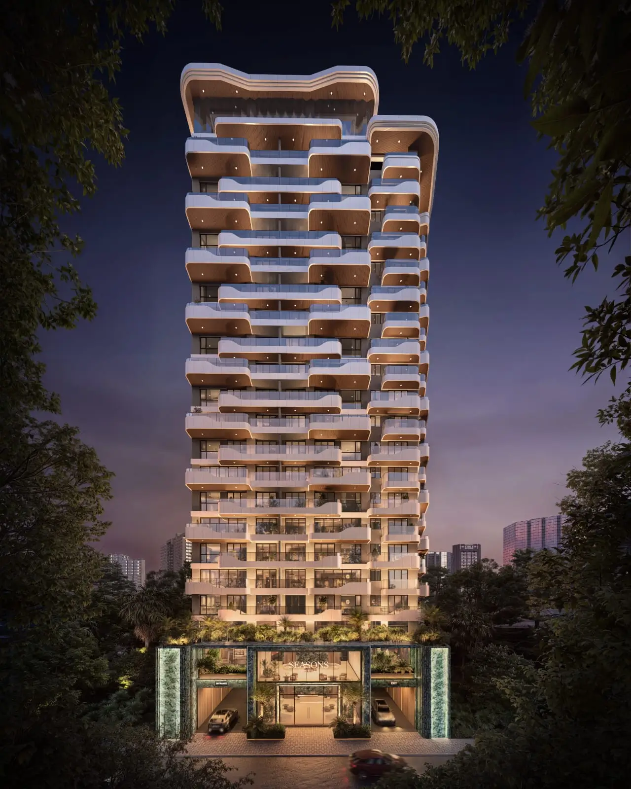 Tall modern apartment tower illuminated at dusk with balconies