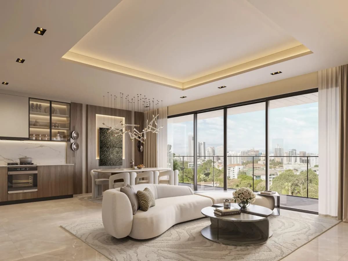 Luxury open-plan living room with city views and curved sofa