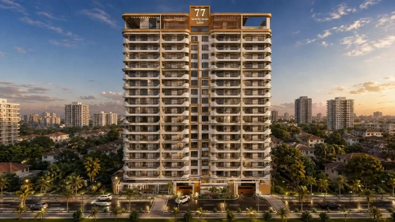 77 Seventy Seven Suites high-rise at dusk, city backdrop
