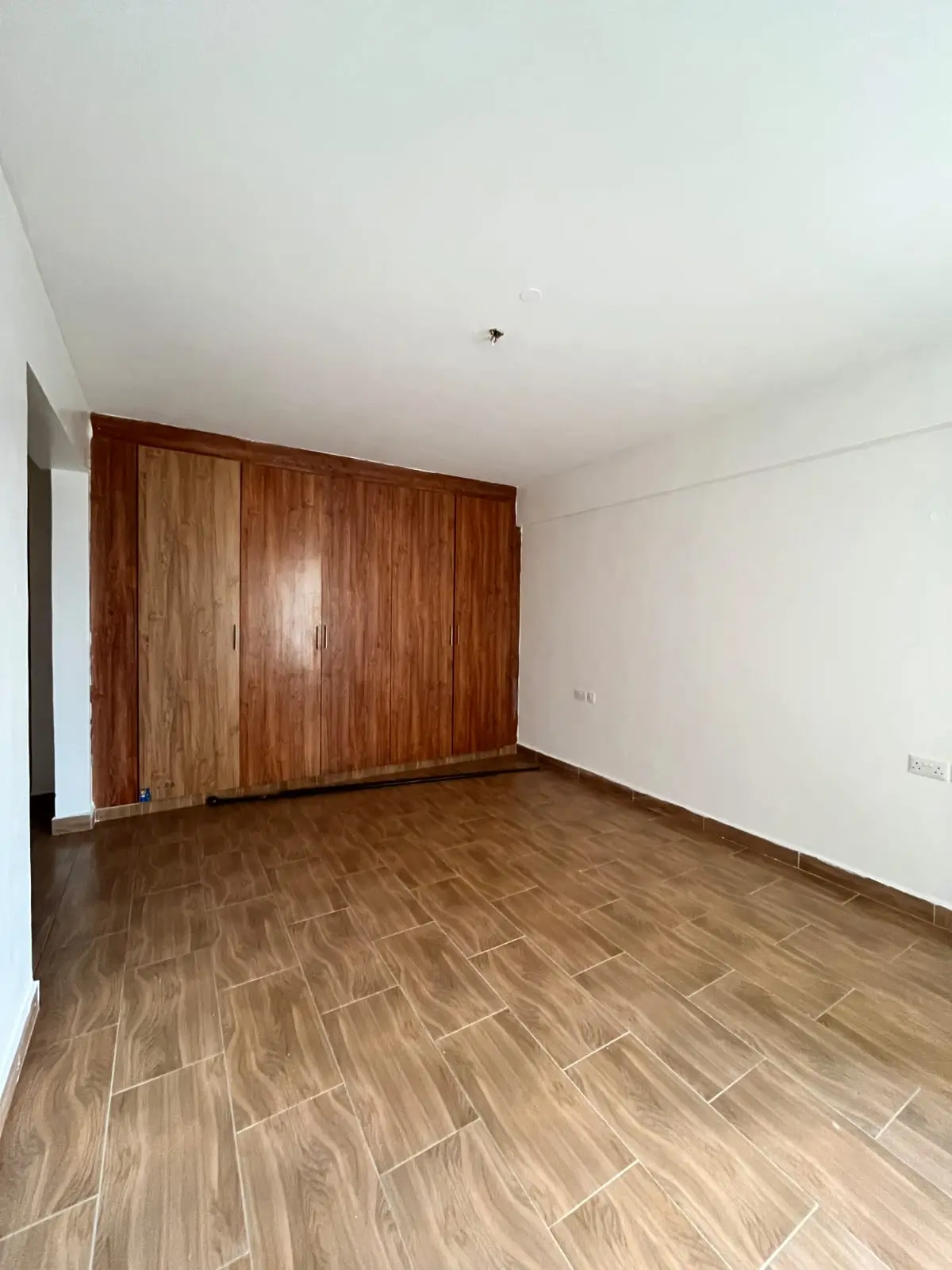 Spacious bedroom with wood-grain flooring and built-in wardrobes
