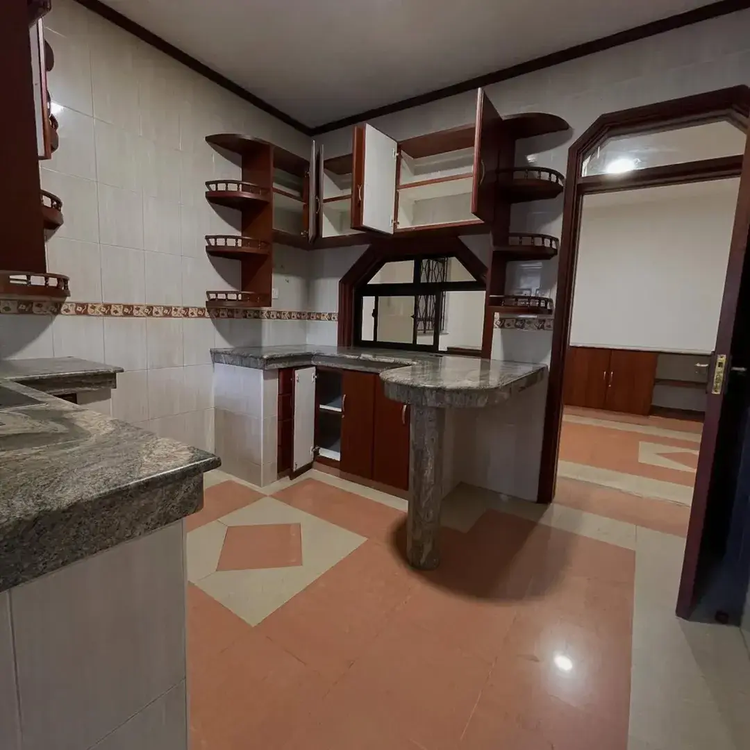 Modern kitchen with granite countertops, wooden cabinetry, island counter