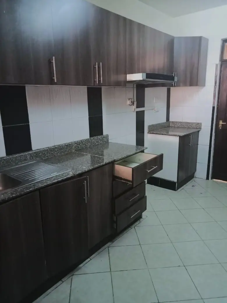 Modern kitchen with dark cabinetry and granite countertops
