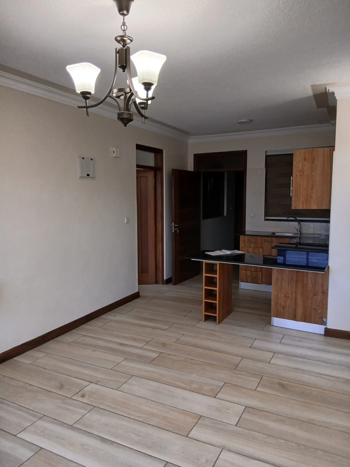 Open-plan living area with integrated kitchen and dining counter