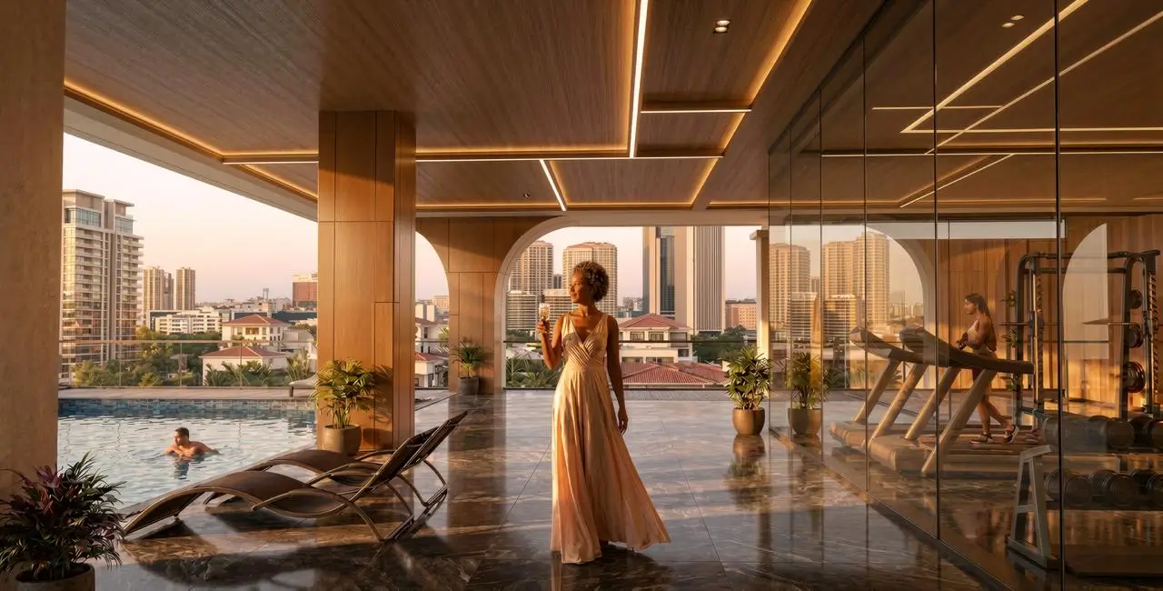 Rooftop infinity pool deck with city skyline views