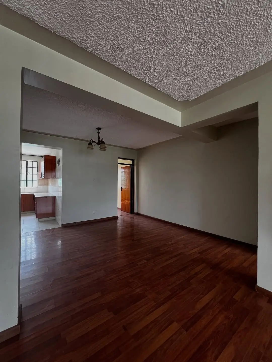 Spacious living room with dark wood flooring and high ceiling