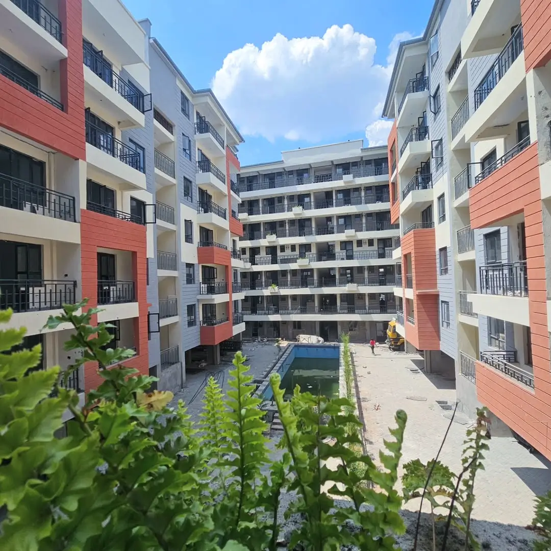 Landscaped compound courtyard with young plants and pool