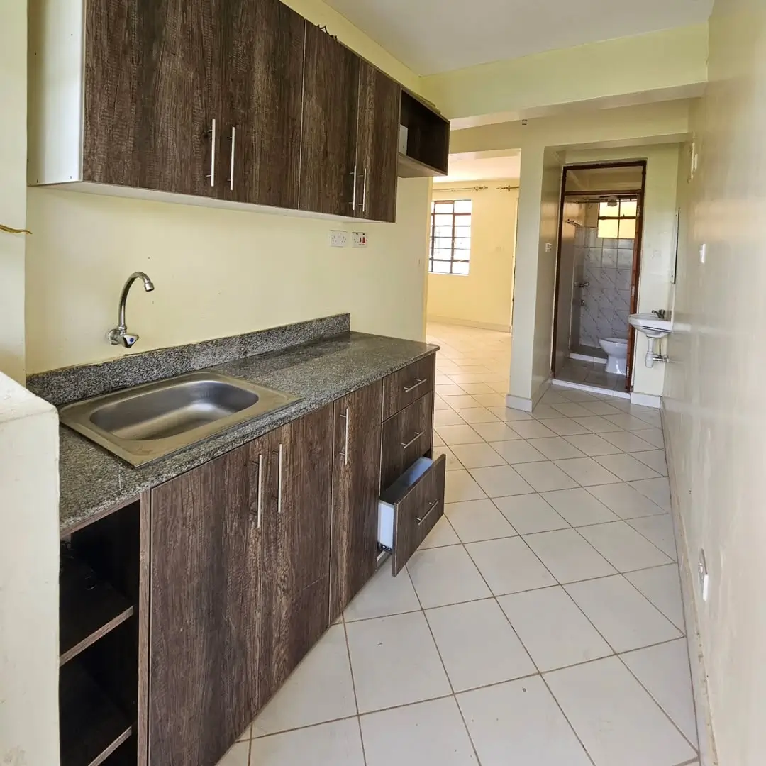 Compact kitchen with dark wood cabinets and granite countertop