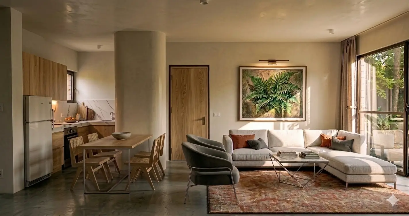 Open-plan living room with L-shaped sofa and botanical art