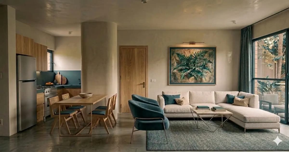 Open-plan living room with L-shaped sofa and kitchen beyond