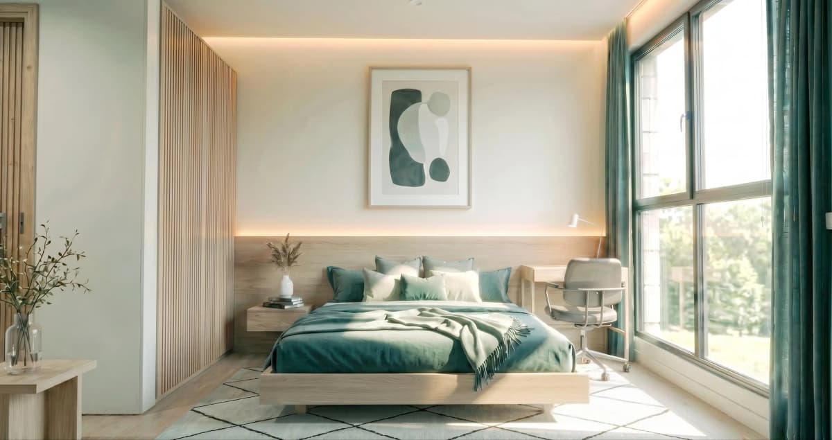Serene Japandi-style bedroom with teal bedding and large windows