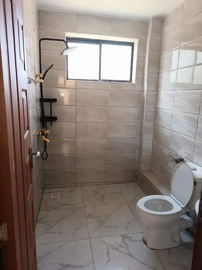 Modern bathroom with rainfall shower, toilet, and natural light