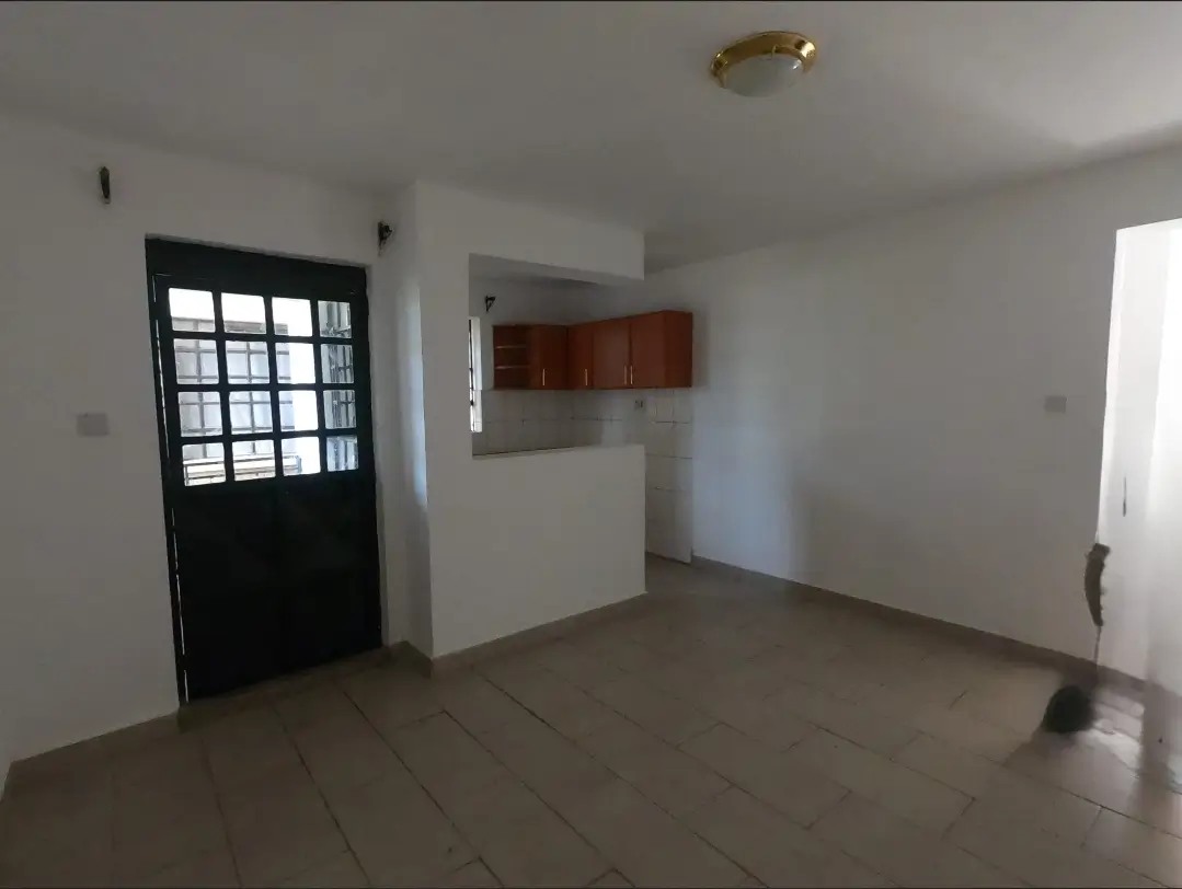 Open-plan living area with kitchen cabinetry visible
