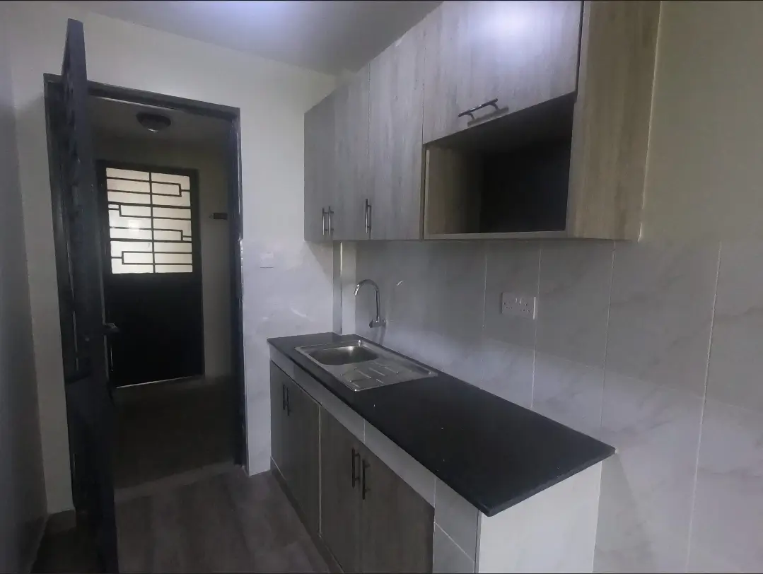 Compact galley kitchen with black countertop and white cabinetry