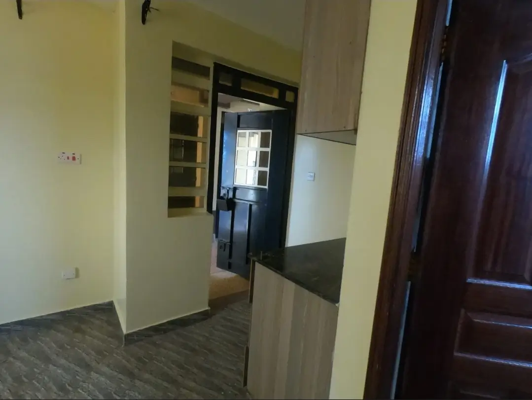 Building corridor with built-in storage and wooden door