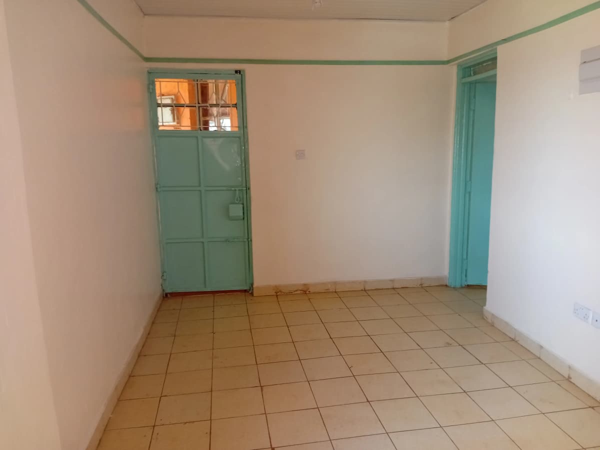 Empty living space with terracotta tile floor and green doors