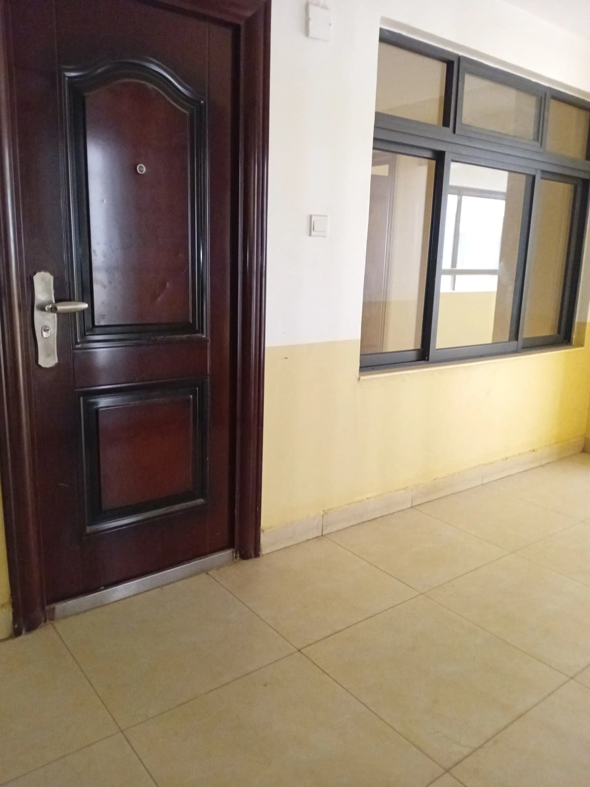 Building corridor with dark wooden door and window panels
