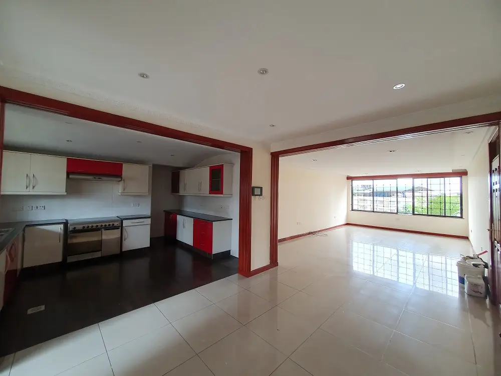Open-plan living and kitchen with red architectural frames
