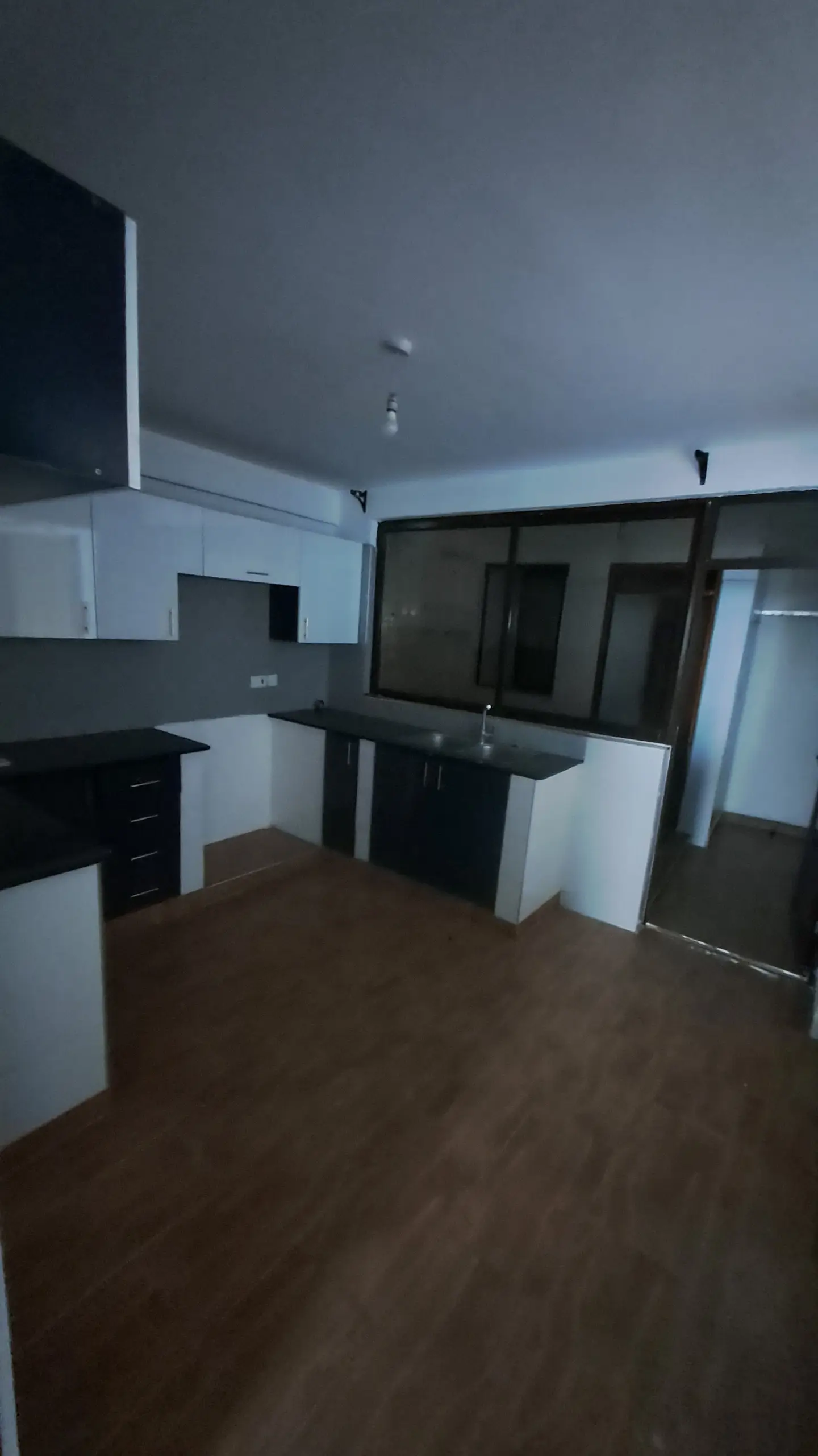 Open-plan kitchen with dark cabinetry and brown flooring