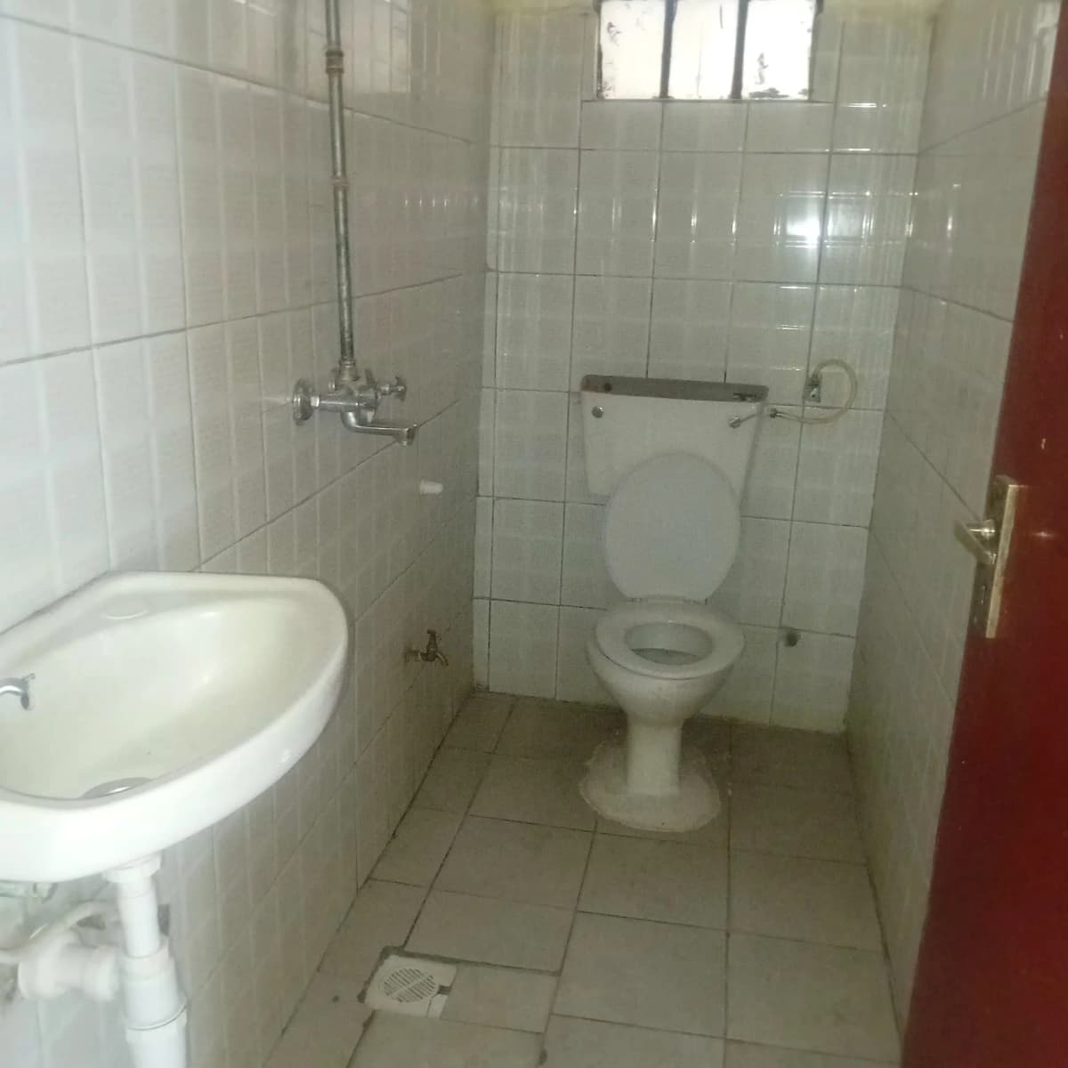 Basic bathroom with toilet, sink, and shower area