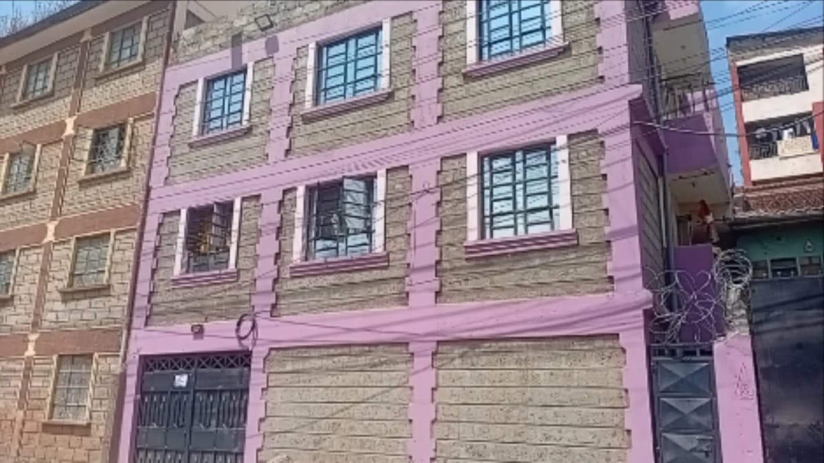 Pink and cream multi-story residential building facade with windows