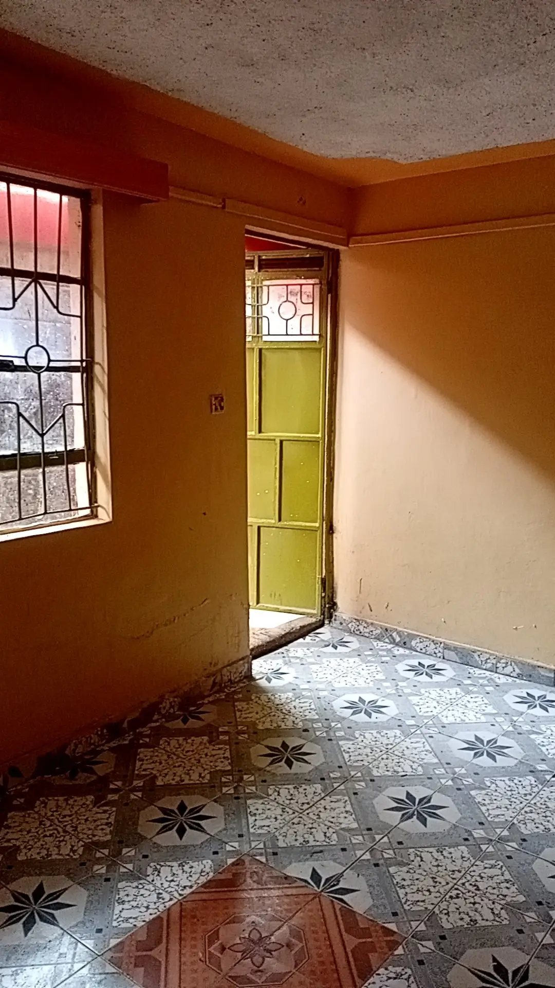 Empty bedroom with terracotta walls, patterned tile floor