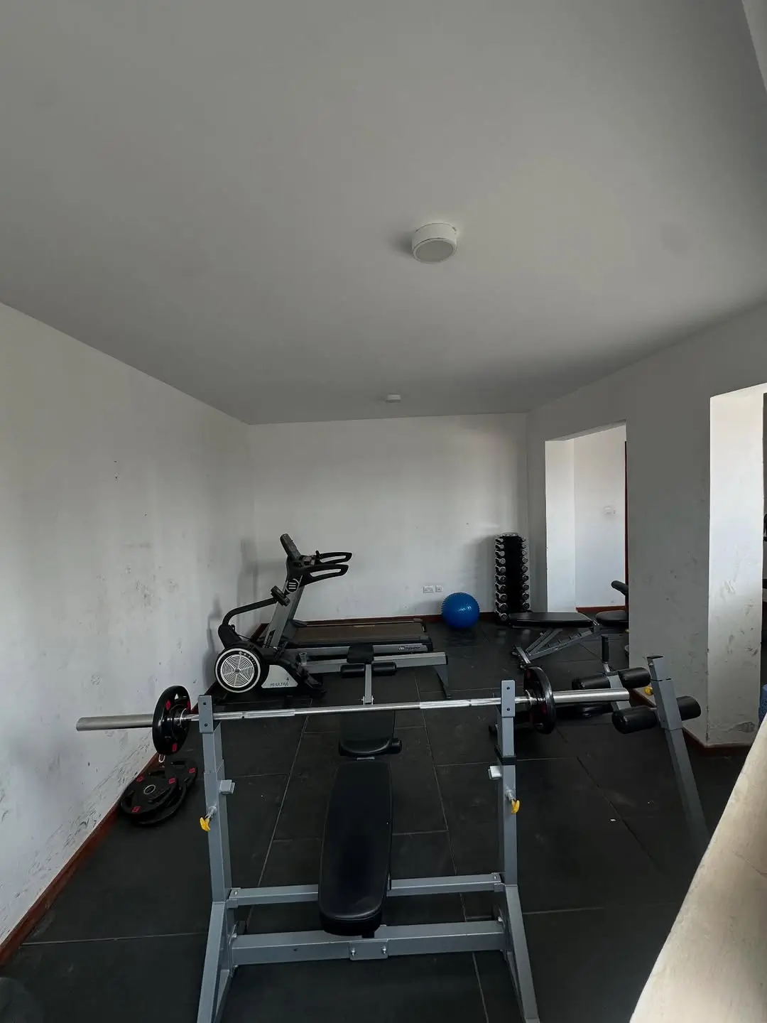 Home gym with weight bench and exercise equipment